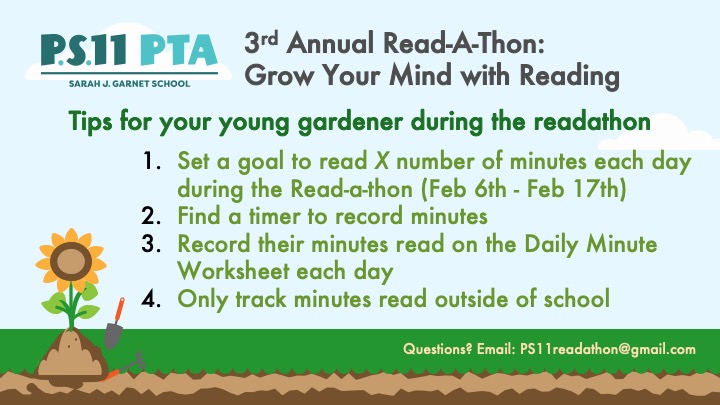 Tips for your young garderner during the readathon.  Set a goal to read X number of minutes each day during the read a thon (feb 6-17) 2. Find a timer to record minutes.  3. Record their minutes read on the Daily Minute Worksheet each day 4. 
 Only track minutes read outside of school